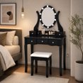 thumbnail image 2 of Makeup Vanity Table Set with 360° Rotatable Oval Mirror, 5 Drawers, Dressing Table with Padded Stool for Bedroom,Black, 2 of 10