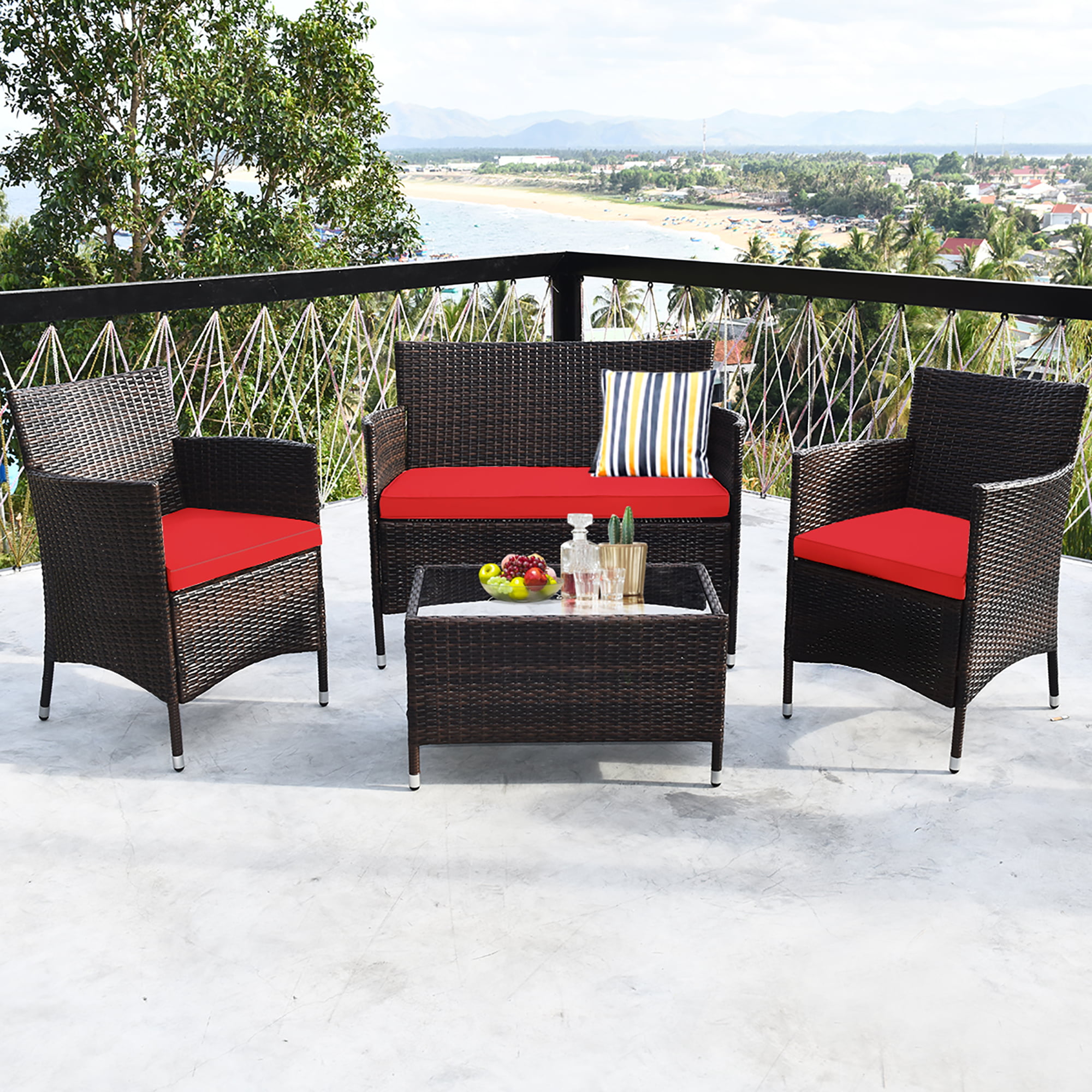 Costway 4 PCS Outdoor Patio Rattan Furniture Set Table Shelf Sofa with