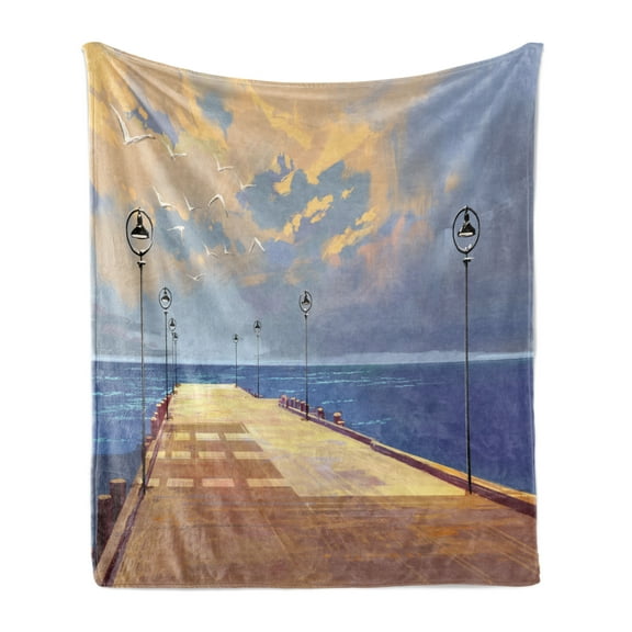 Fantasy Soft Flannel Fleece Throw Blanket, Watercolored Wooden Bridge Pier to the Sea Harbor Bay Coast Cloudy Day with Gull, Cozy Plush for Indoor and Outdoor Use, 50" x 70", Cream Blue, by Ambesonne