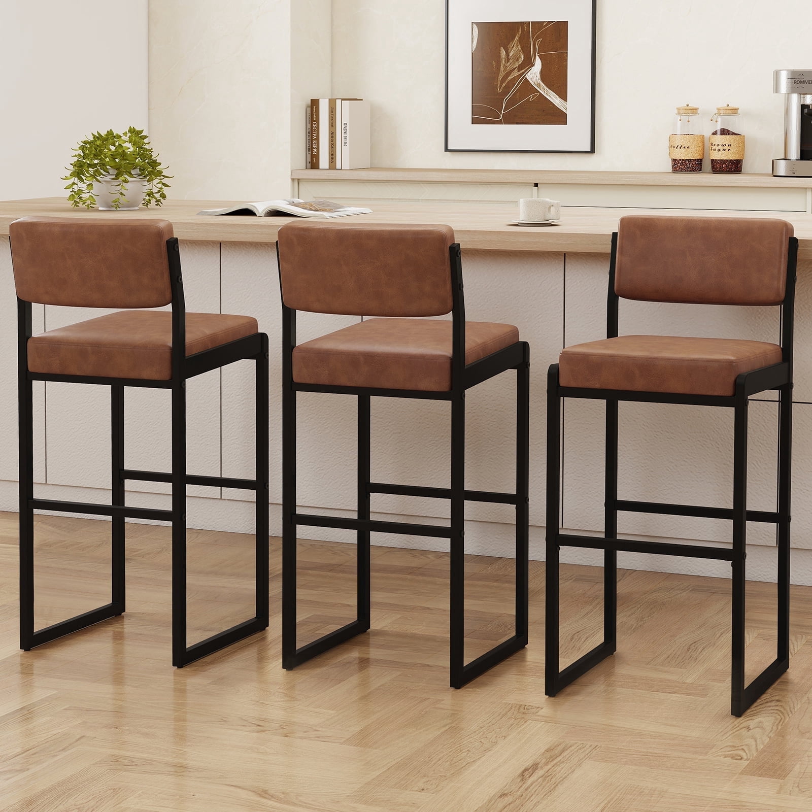 MultiHaven 30" Counter Height Bar Stools Set of 3,Modern Upholstered Stool with Thick Back & Seat for Kitchen Island,Bar,Cafe - Dark Brown PU