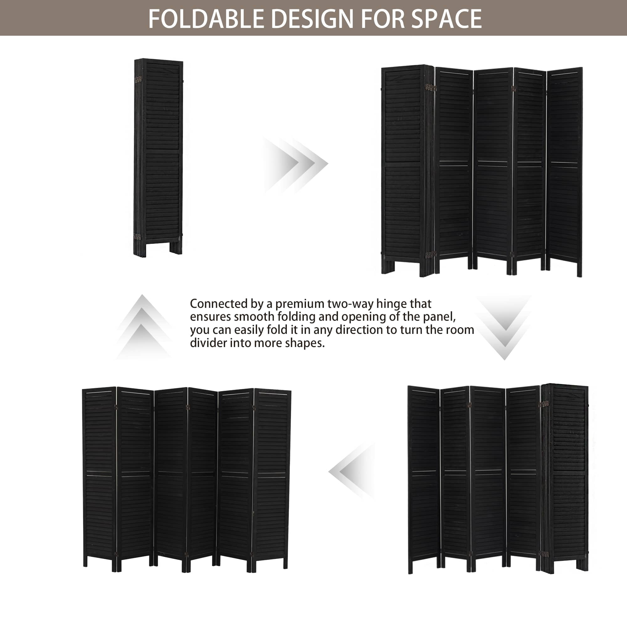 MAYEERTY 6 Panel Room Divider, 5.6Ft, Freestanding Louvered Folding Privacy Screen, Black