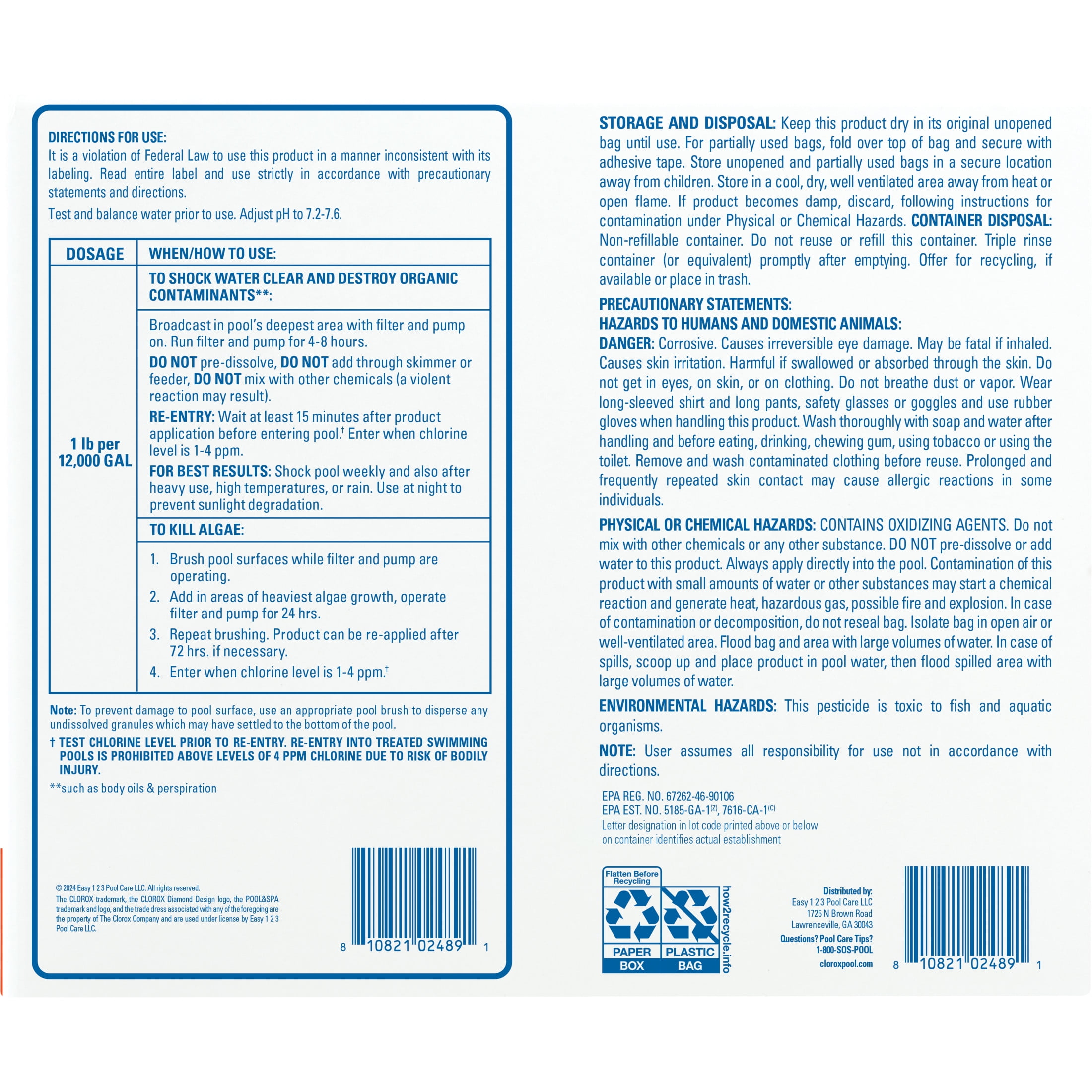 Clorox® Pool&Spa Swimming Pool Shock XTRABLUE® Plus™ Granules, Kills Bacteria & Algae in Swimming Pools, Swim-Ready in 15 Minutes, (12-Pack)