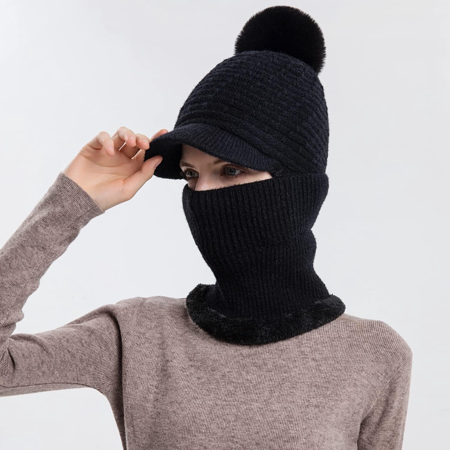 Zhengup Women Balaclava Visor One-Piece Skull Beanie Hat Neck Circle Scarf Ski Snow Winter Knit Fleece Cap Cold Weather