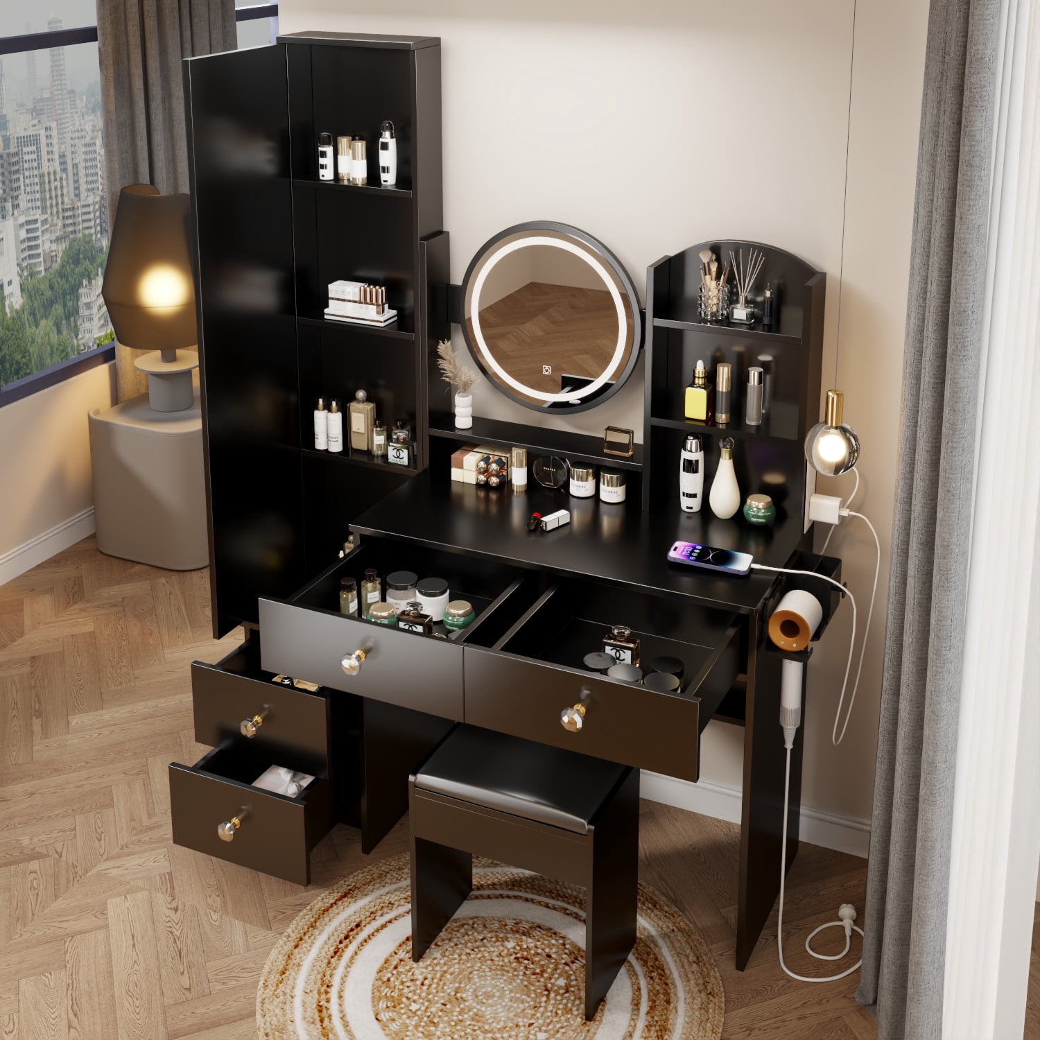 PORKISS Black Makeup Vanity Table Set, Modern Makeup Vanity with Full Body Mirror Cabinet, Power Station and Stool, Wood Vanity LED Mirror with 3-Color Light and Drawers for Bedroom