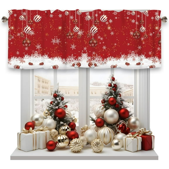 Christmas Valance for Windows,Winter Snowflakes Merry Christmas Ball Ornaments Xmas Snowflake Sparkle Red Window Treatments 1 Panel Short Curtains for Kitchen Windows Bathroom Bedroom,54 x 18 Inch