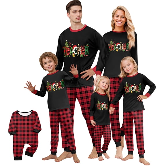 Family Matching Christmas Pajama Set, Holiday Christmas Letter Plaid Print Onesies Pjs Soft Sleepwear Loungewear