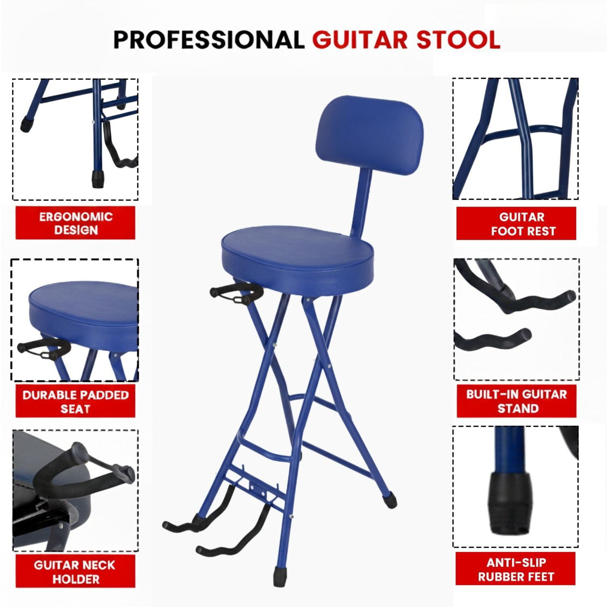 Padded Guitar Stool with Backrest, Built-in Stand & Footrest - Blue