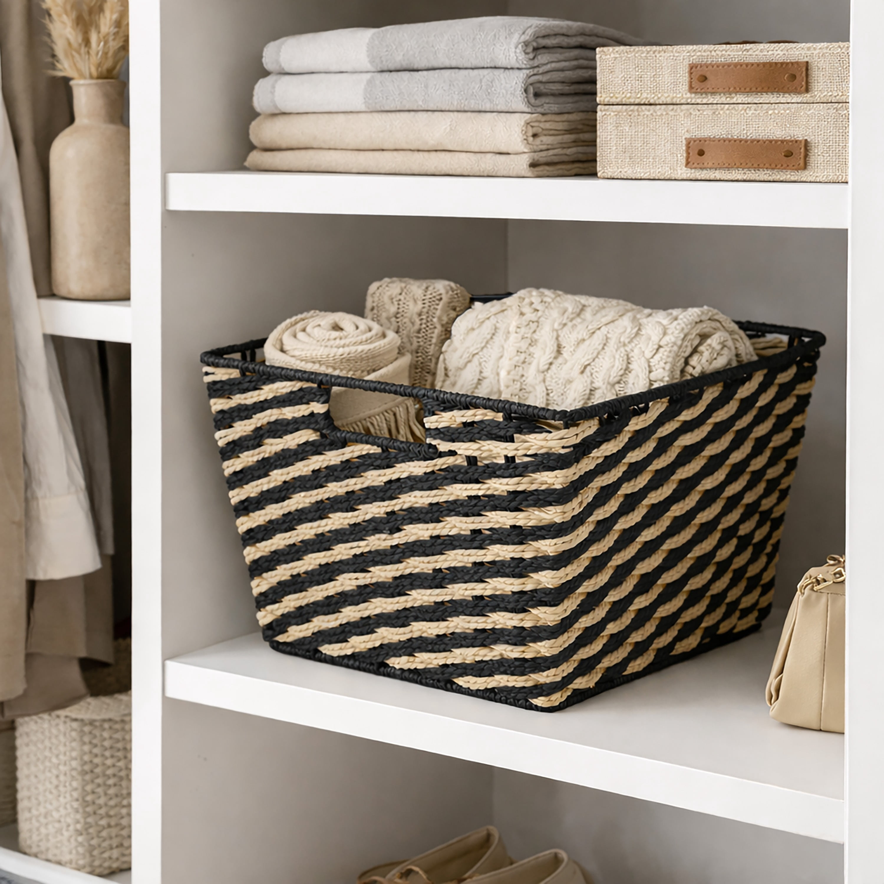 Simplify Medium Striped Woven Basket in Black