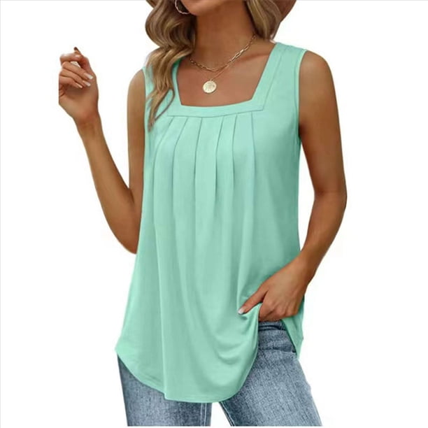 Camisetas Sin Mangas para Mujer, Conjuntos de Verano 2025, Blusas Casuales con Cuello Cuadrado, Verde , Talla M