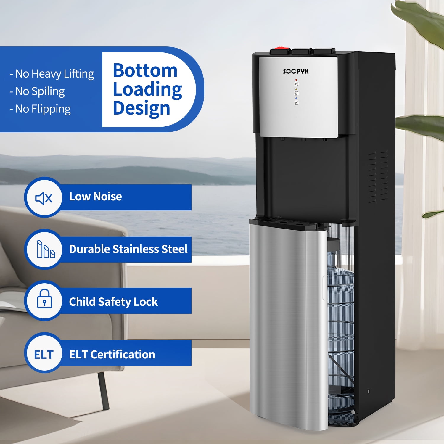 SOOPYK UV Self Cleaning Bottom Loading Water Cooler Dispenser for 5 Gallon Bottles 3 Temperatures, Child Safety Lock, LED Display with Empty Bottle Alert, Stainless Steel