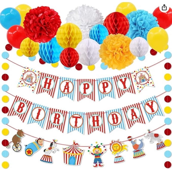 52Pcs Carnival Circus Party Decorations Supplies Set,Happy Birthday Swallowtail Garland Circle Dots Banners Balloons Tissue Paper Flowers Pom Poms Honeycomb Ball for Carnival Decoration