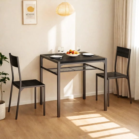 Dining Table Set for 2, 3 Piece Kitchen Furniture Set with MDF Chairs & Space-Saving Table with Storage Shelf, Compact Breakfast Table for Studio Apartments & Tiny Homes,Black