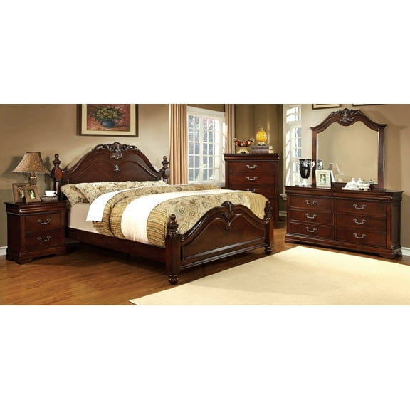 Luxurious English Style Cherry Finish 4pc Set Queen Size Bed Dresser Mirror Nightstand Bedroom Furniture Unique Traditional Look