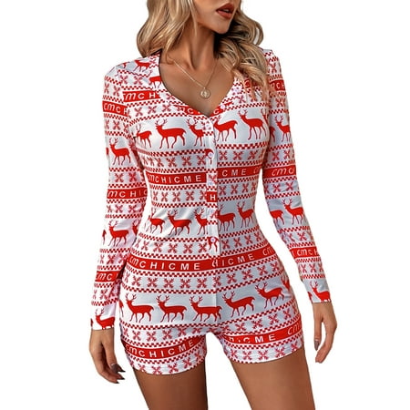 

MaBaby Christmas Women One Piece Pajamas Long Sleeve Holiday Shorts Romper