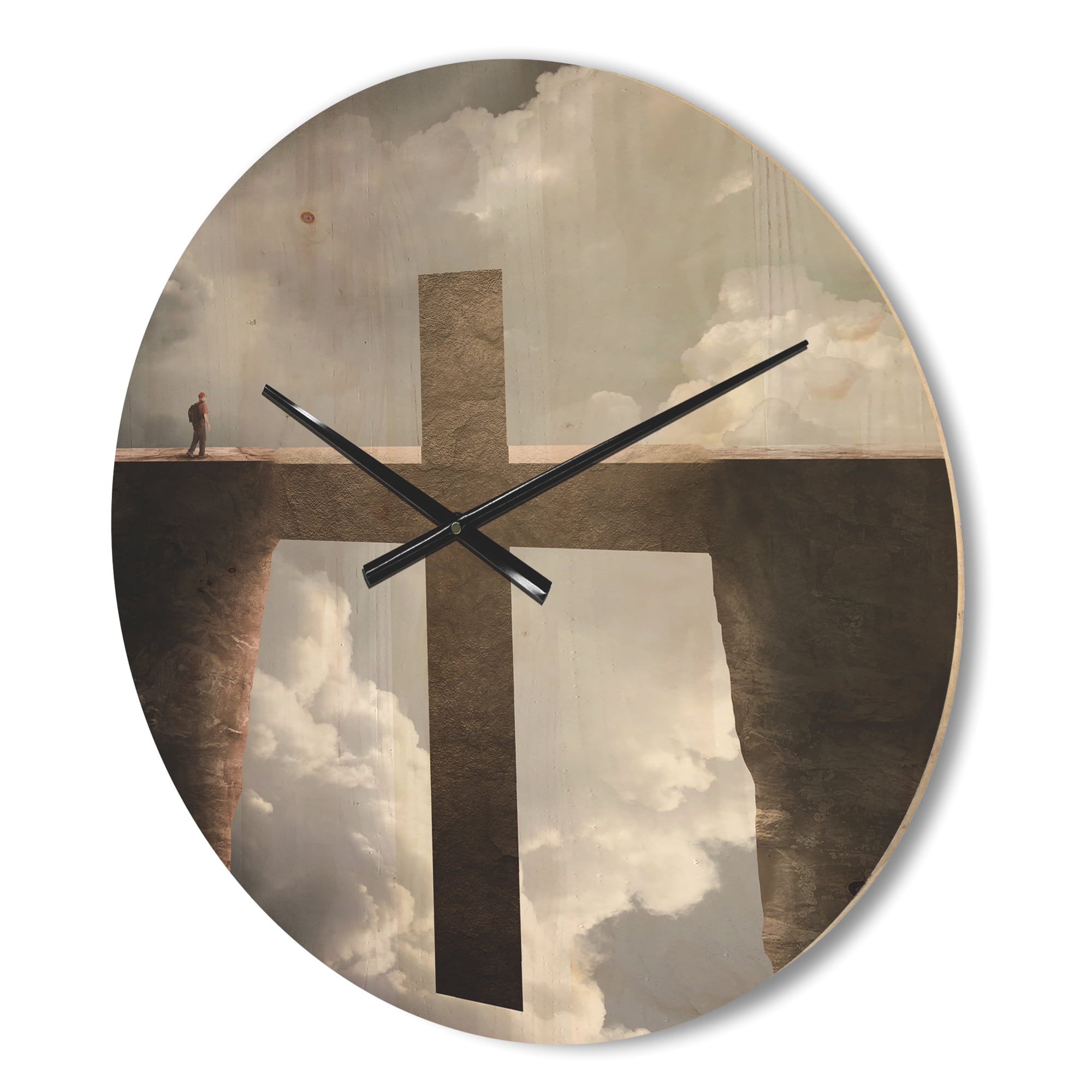 Designart 'Man and Big Cross between Two Cliffs ' Modern Wood Wall Clock