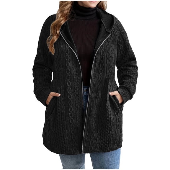 Aimik Women's Hooded Cable Knit Zip Up Cardigan Long Sleeve Fleece Lined Winter Coat