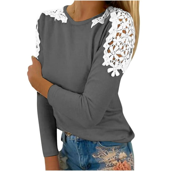 Fall Tops Women 2024 Work Womens Fall Clearance Clothes $5.00 Summer Casual Long Sleeve Blouse Round Neck Lace Sweatshirt
