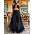 thumbnail image 6 of Women Ruffle Trim High Waisted Tassel Hem Flowy Pleated Boho Modest Wide Leg Pants Black L, 6 of 8