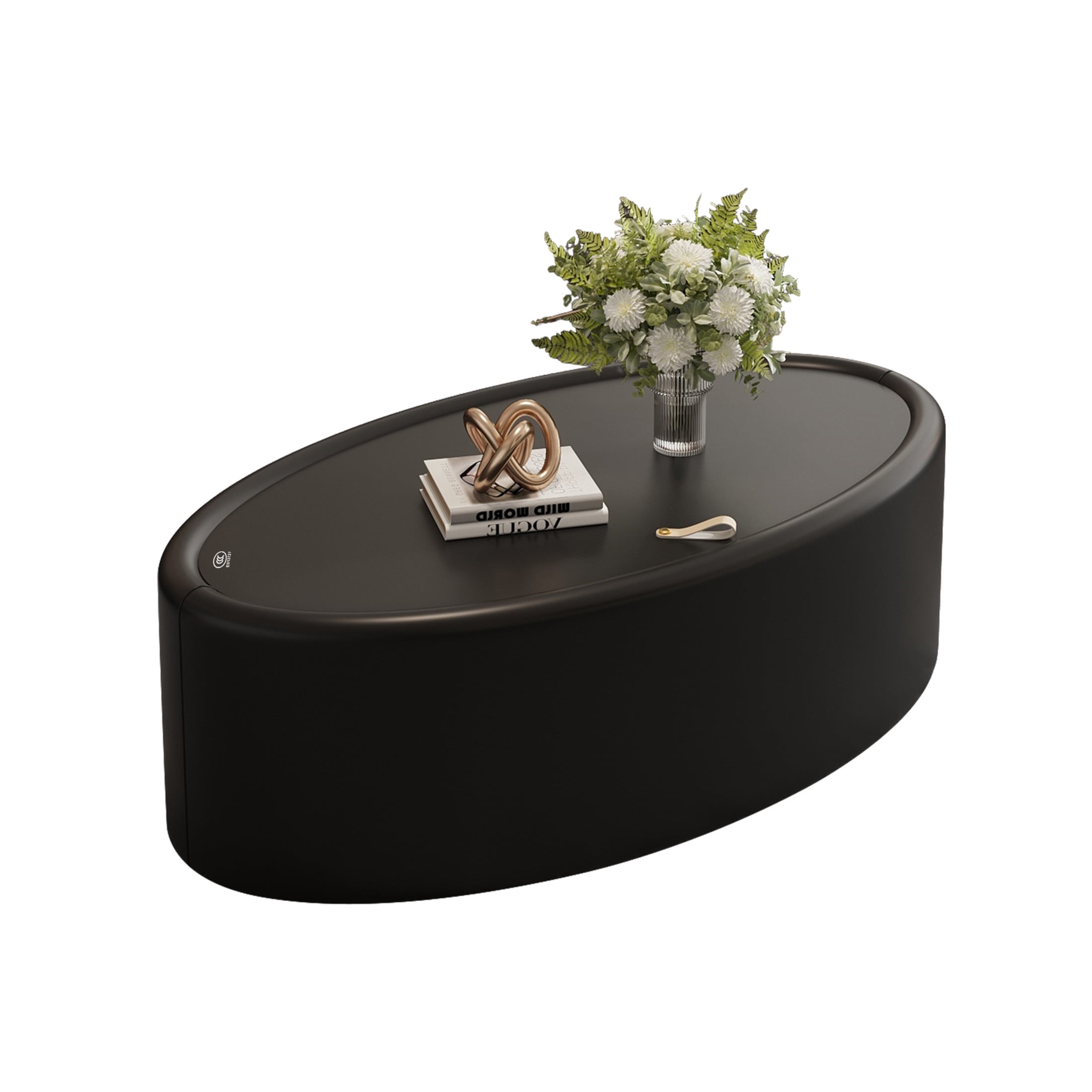 Noble House Morade 33.5" Fluted Oval Storage Coffee Table with Glass Top & Leather Wrapped for Living Room, Black