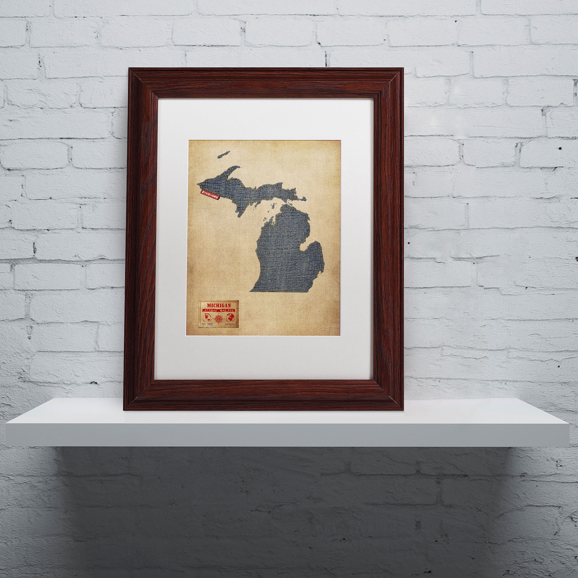 Trademark Fine Art "Michigan Map Denim Jeans Style" Canvas Art by Michael Tompsett, White Matte, Wood Frame
