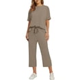 thumbnail image 5 of Feancey Women's 2 Piece Lounge Set Fashion Travel Outfits Dressy Trendy Vacation Tracksuit Summer Casual Wide Leg Capris Sets with Pockets Khaki XL, 5 of 5