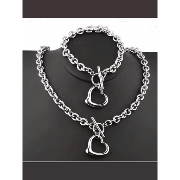 QQTDFG Chunky Chain Necklace And Bracelet Set, Unique Hollow Out Heart Design,-default
