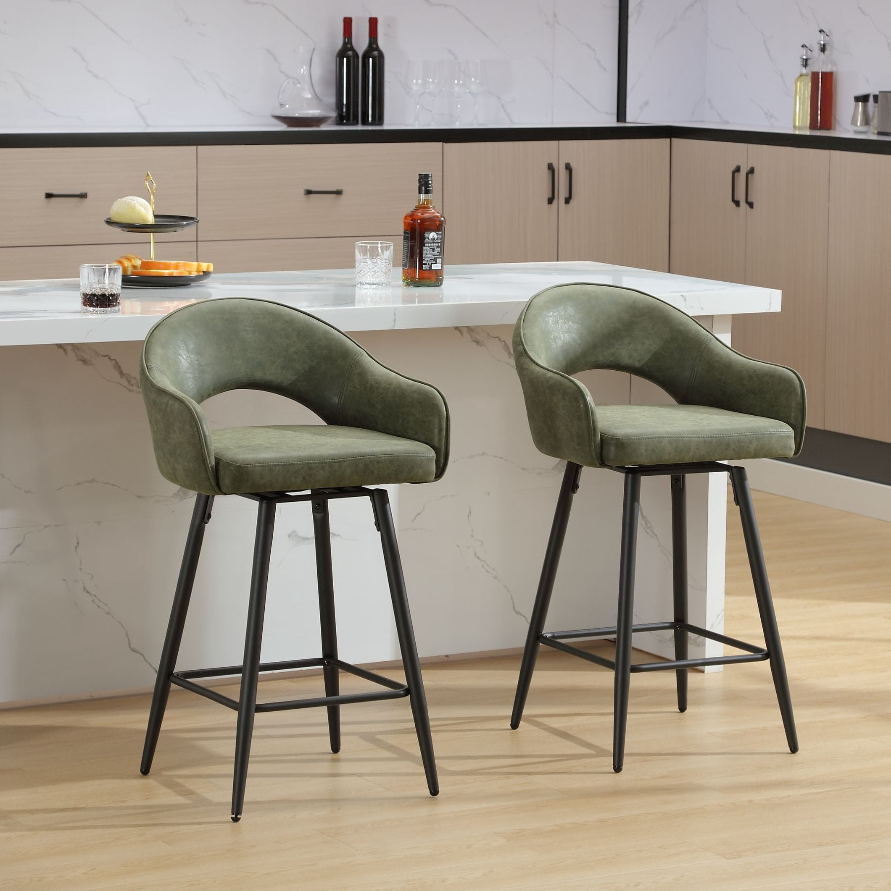 27" Modern Swivel Bar Stools Set of 2, PU Upholstered Counter Height Stools with Metal Legs, Hollow Curved Backrest for Kitchen Island, Home Bar, Bistro, Green