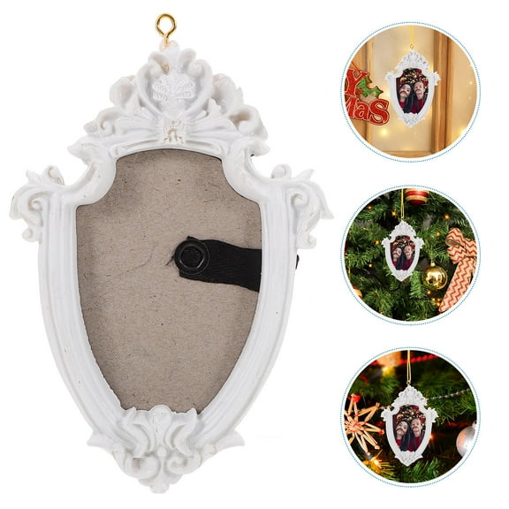 Masteelf Christmas Tree Photo Frame Ornament Embossed Resin Small Hanging Picture Frames Photo Ornaments for Carnivals Xmas Holiday Halloween Party White