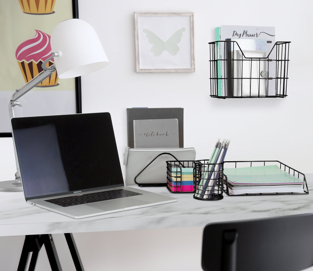 Wire Metal 5 in 1 Desk Organizer Set - Letter Sorter, Pencil Holder, Stick Note Holder, Hanging File Organizer and Letter Tray, Black