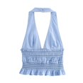 thumbnail image 5 of HH TRAF Top sexy de cuello halter decorado con botones a rayas azules para mujer, elegante, sin mangas, con volantes y espalda descubierta, 5 of 5