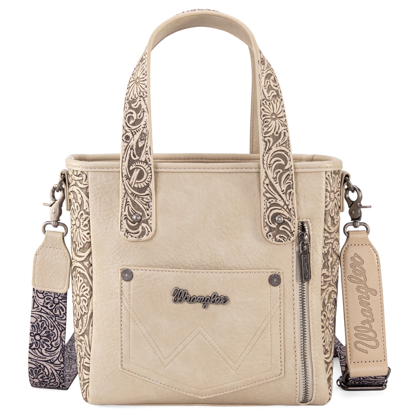 Wrangler Cowhide Tote Bag for Women Western Tooling Handbag Leather Fringing with Turquoise Stone Concho, Cowhide Beige