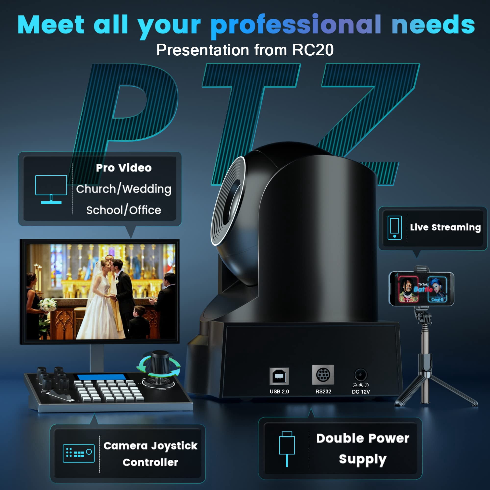 ROCWARE Conference Room Camera, RC20 PTZ Camera with Remote Control,10x Optical Zoom Webcam, 16X Digital/USB Output & AutoFocus/Low-Light & White Balance Correction for Church/Education/Broadcast