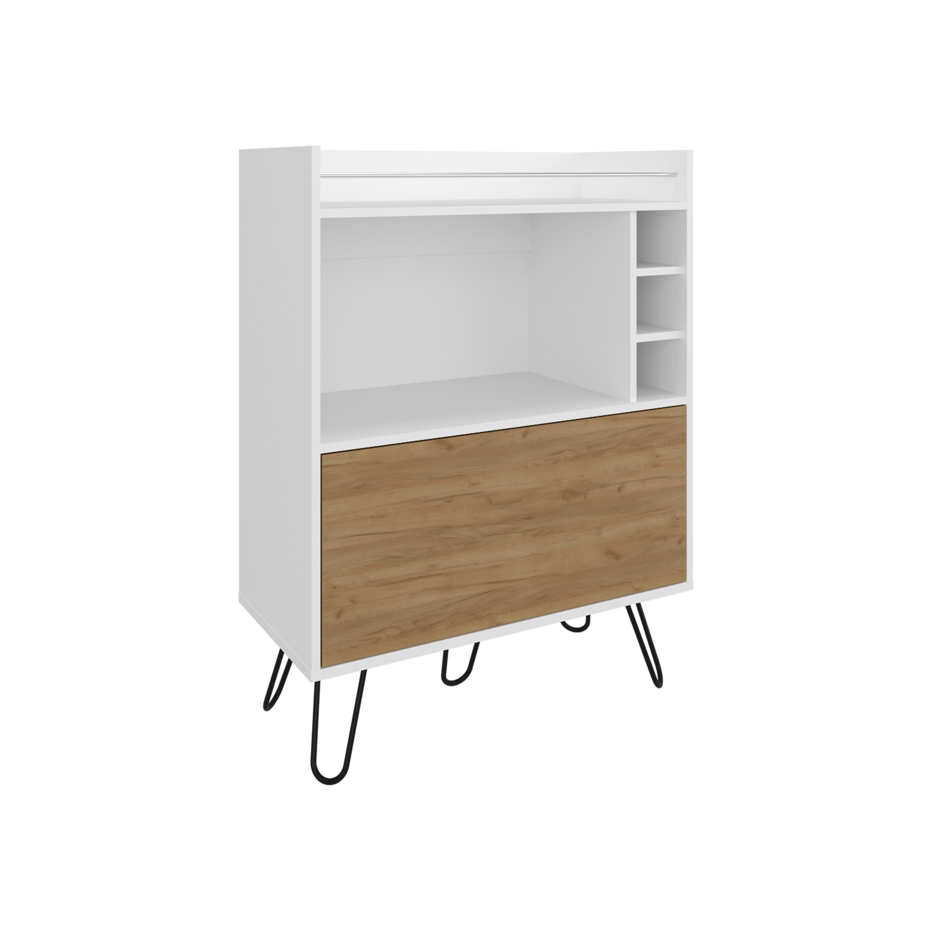 Tori 42" Tall One-Door Bar Cabinet with Three Cubbies, Three Shelves, Top Prep Surface