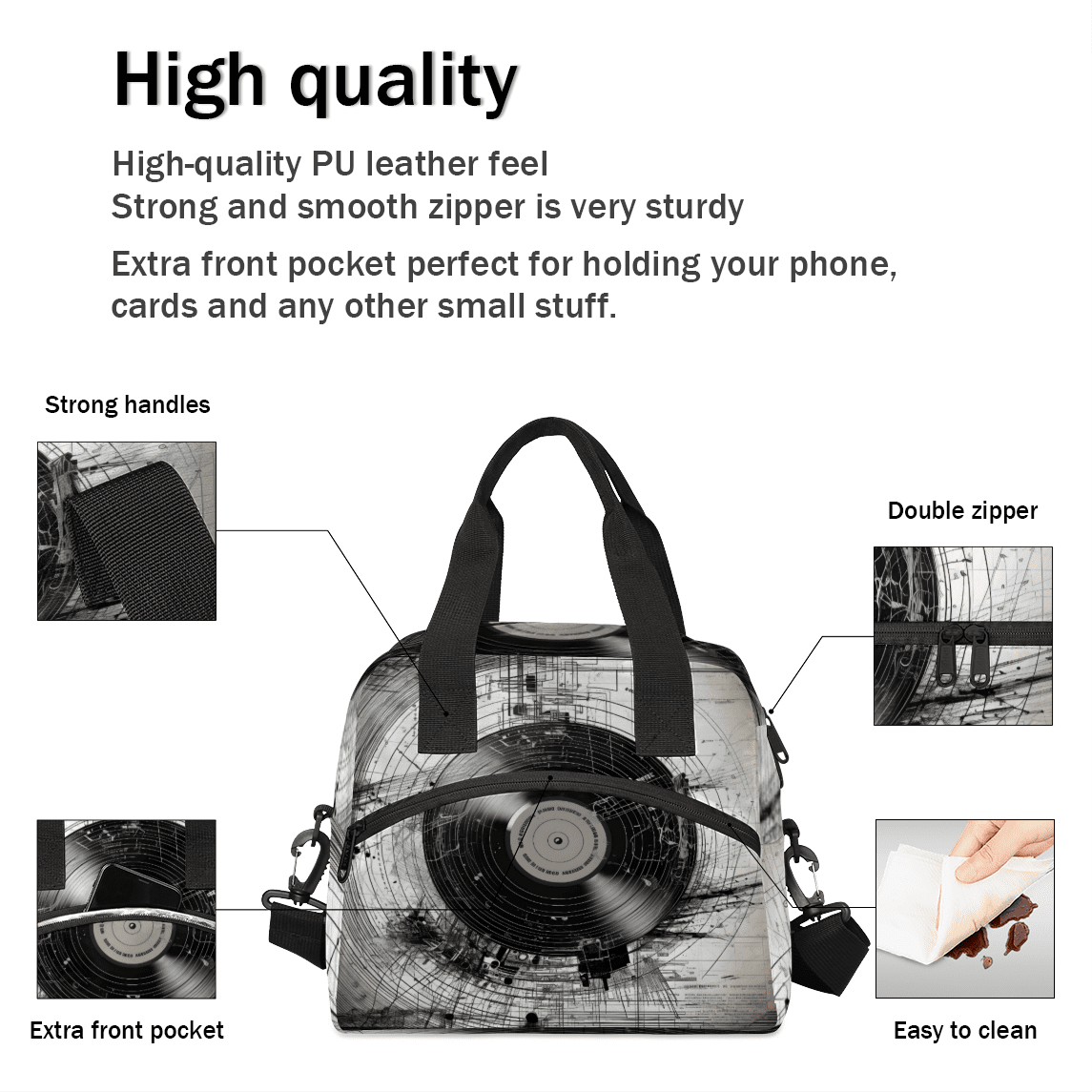 Herdesigns Retro Music Insulated Lunch Bag for Women Men Adults Large Reusable Lunch Box Music Records Leakproof Cooler Tote Bags with Adjustable Shoulder Strap