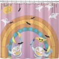 thumbnail image 1 of Whimsical Halloween Shower Curtain with Friendly Pumpkins & Bats, 1 of 5
