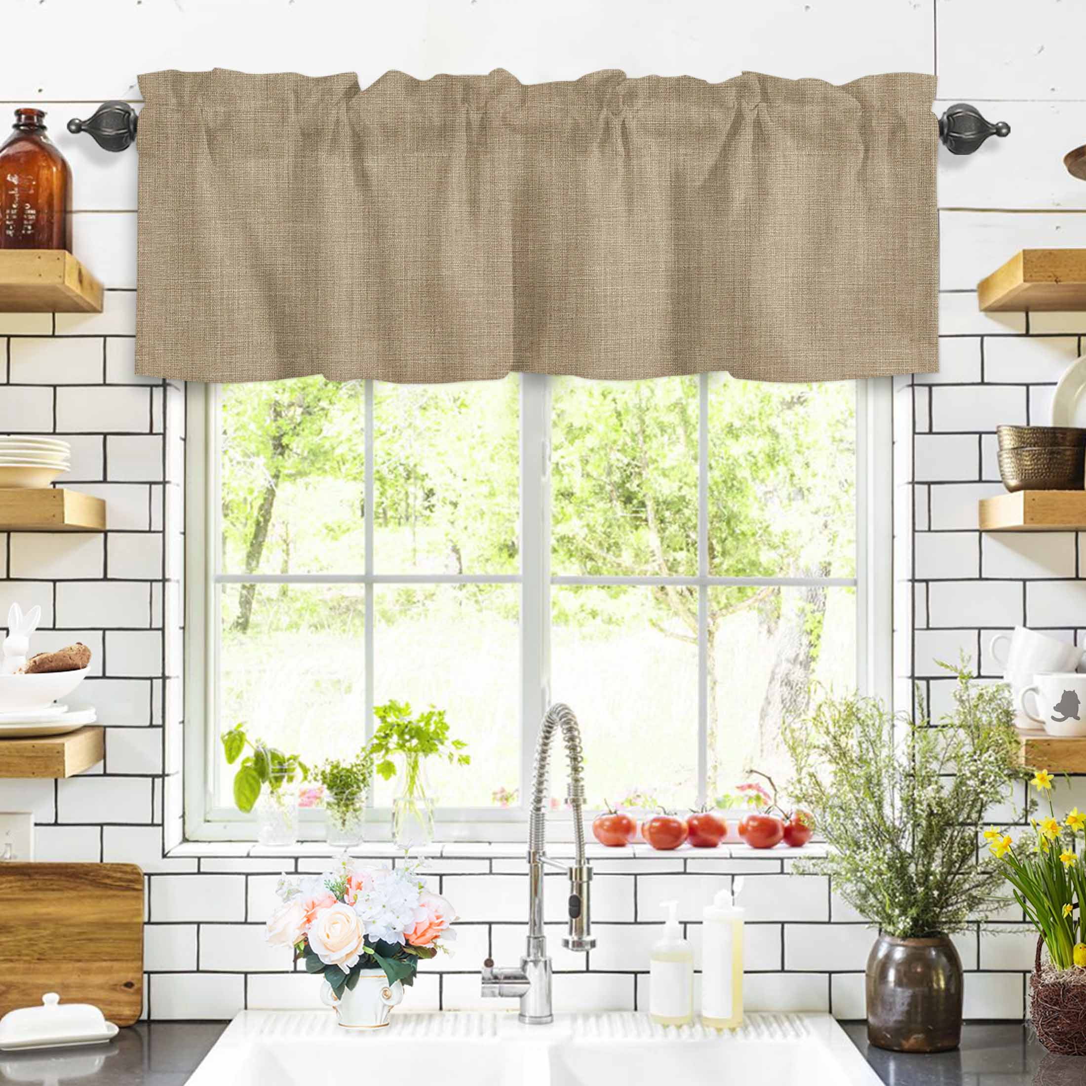 Vintage Linen Valances for Windows Pastoral Brown Linen Texture Farmhouse Rod Pocket Curtain Valance Window Treatment Short Curtains for Kitchen Living Room, 42"x18"