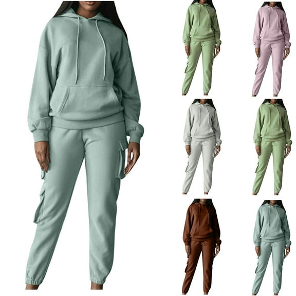 Sriper Womens 2 Piece Lounge Outfits Workout Comfy Sweatsuit Sets Long Sleeve Baggy Hooded Sweatshirt Drop Shoulder Hoodie High Waisted Sweatpants with Side Pockets Trendy Tracksuit Fit Gym Going Out