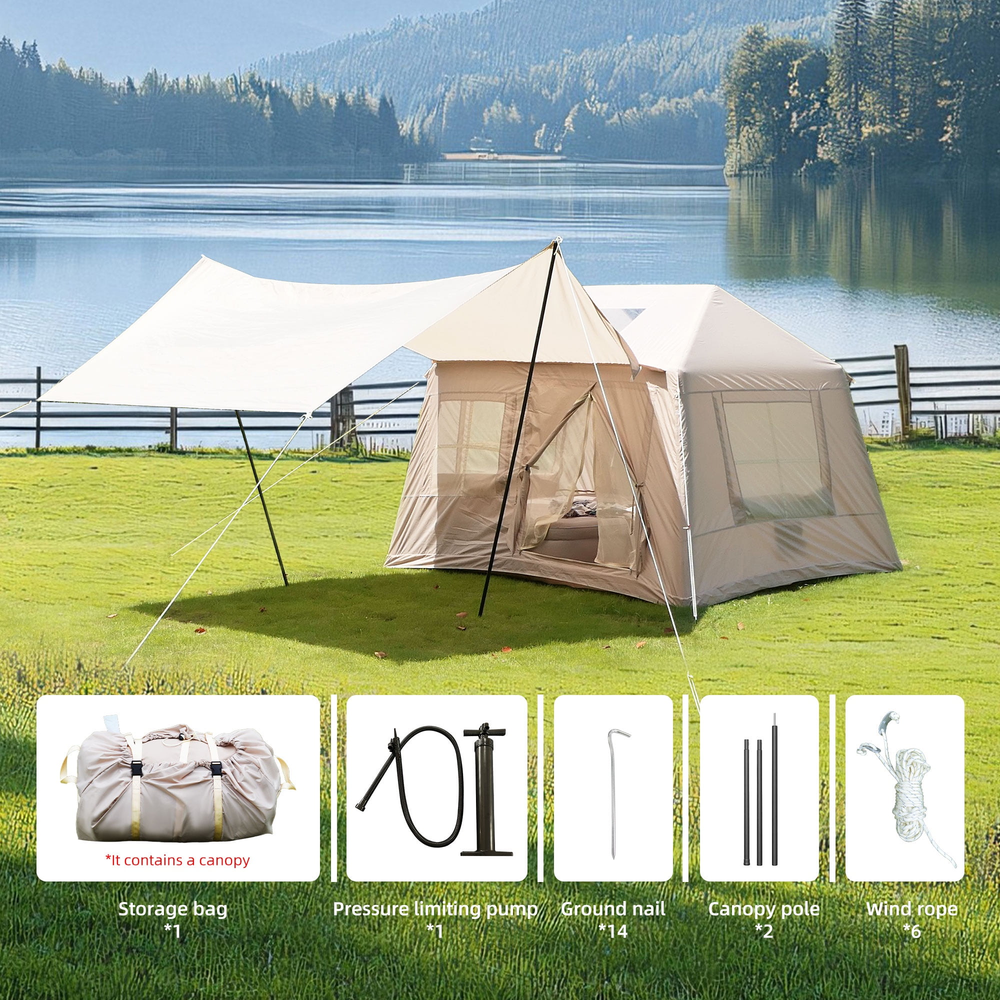 Instant Inflatable Camping Tent with Stove Jack, 4-Season Windproof & Waterproof Glamping Tent, Easy Setup & Carry for Family Camping