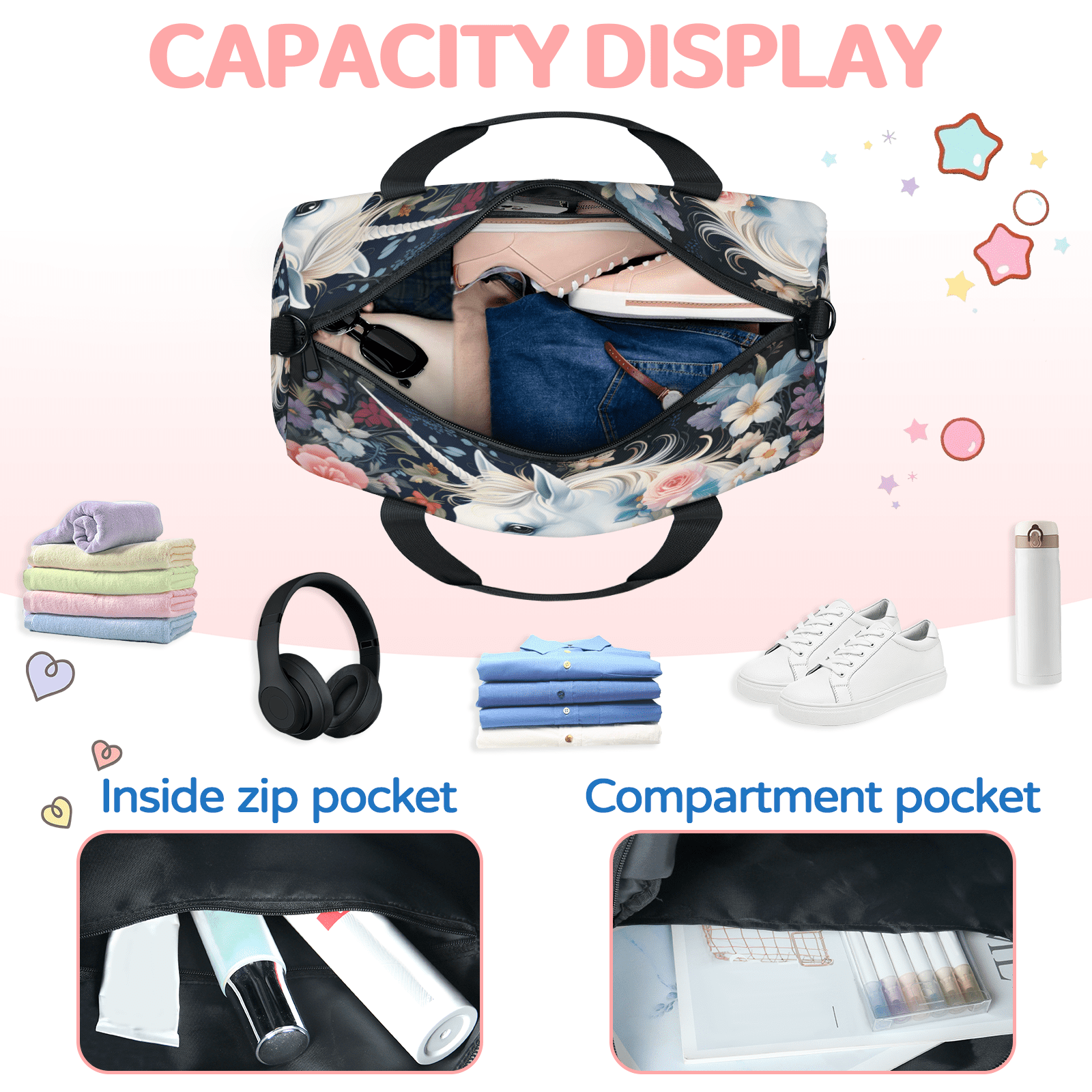 Herdesigns Unicorn Gym Bag for Women, Duffle Bag for Travel Sport, Funny Unicorn Lightweight Waterproof Carry on Weekender Dance Yoga Workout Bags