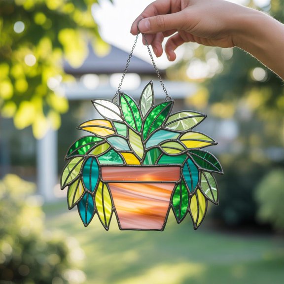 Plant Acrylic Suncatcher Potted Greenery Window Hanging, Leaf Sun-Catcher Botanical Decoration
