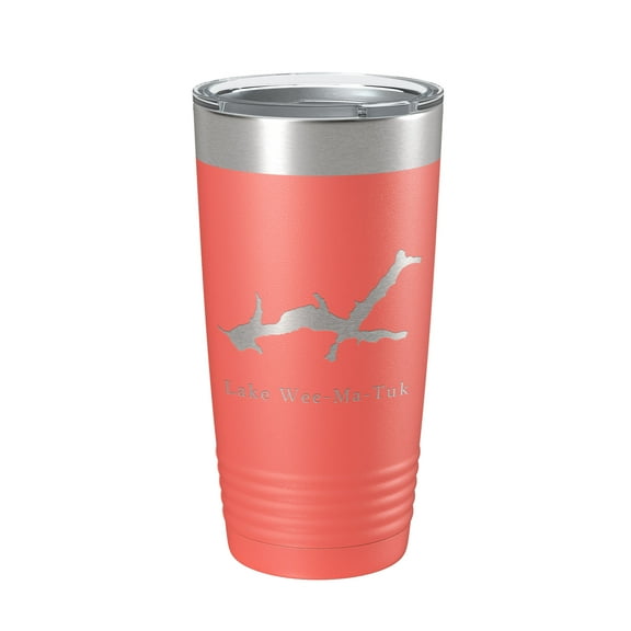 Lake Wee-Ma-Tuk Map Tumbler Travel Mug Insulated Laser Engraved Coffee Cup Illinois 20 oz Coral