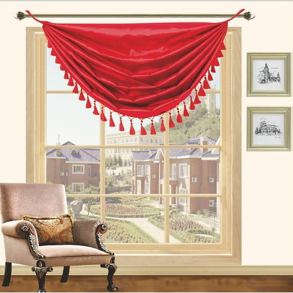 Holly Faux Silk Hanging Tassels Window Valance 3 Pack - 36 x 37 - Burgundy (Ruby)