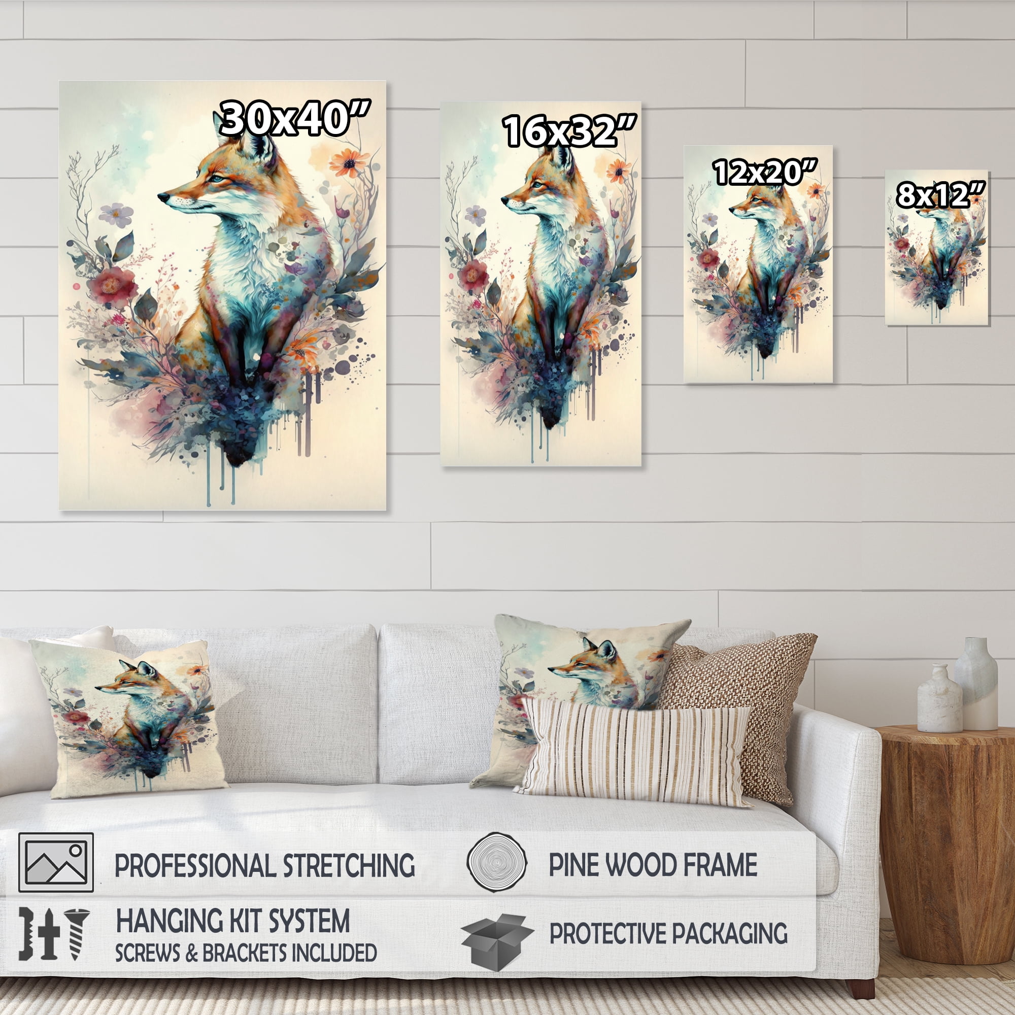 Designart Cute Fox Floral Art III Canvas Wall Art