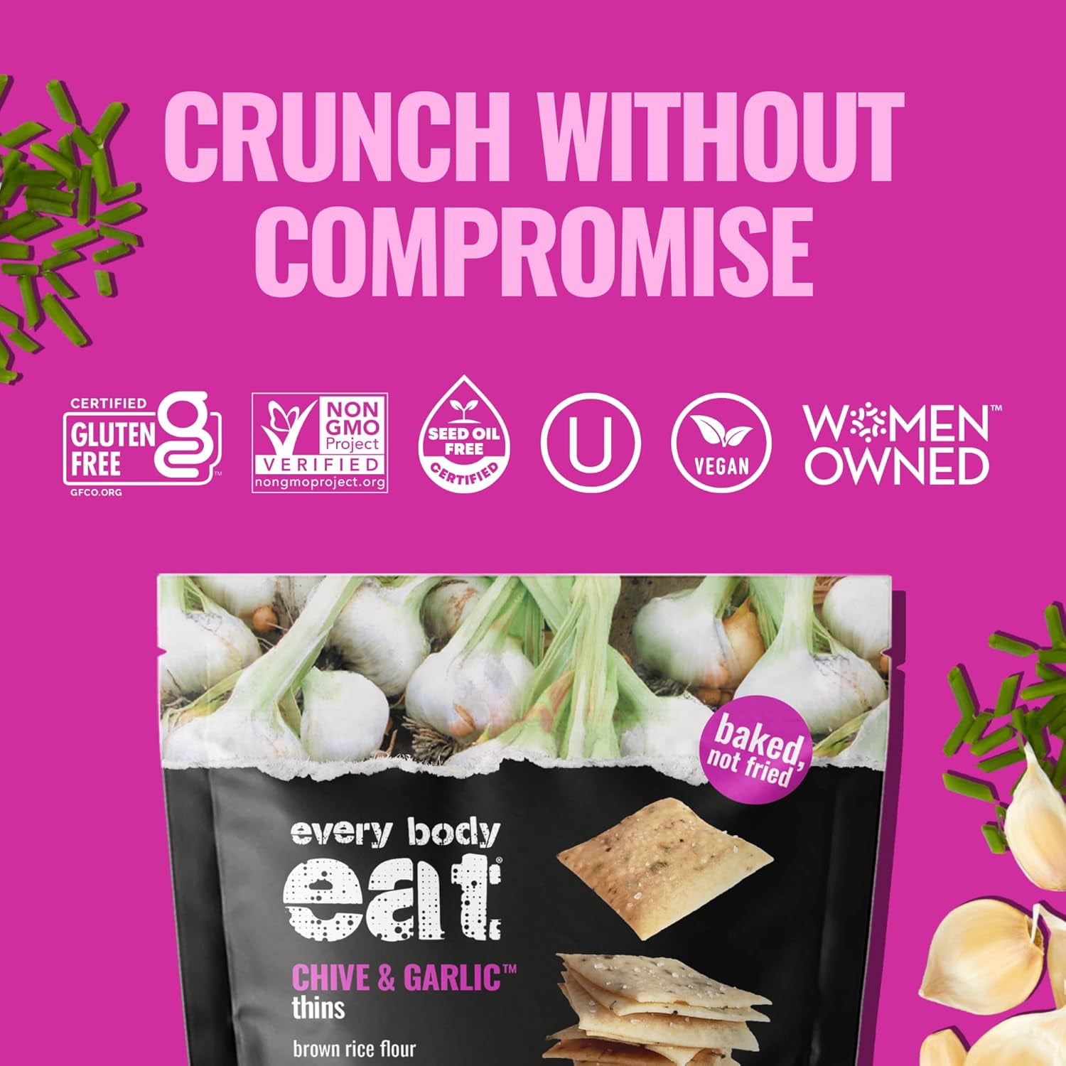 Every Body Eat Snack Thins, Chive and Garlic Flavor, Vegan, Gluten Free and Dairy Free (Pack of 6)