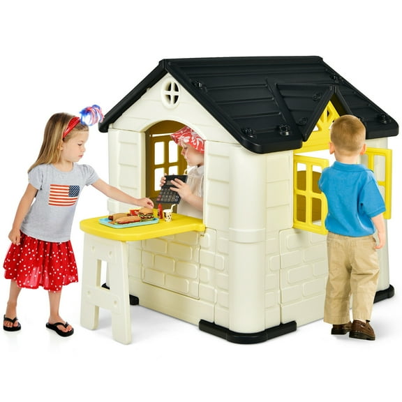 Gymax Kid's Playhouse Games Cottage w/ 7 PCS Toy Set & Waterproof Cover Yellow
