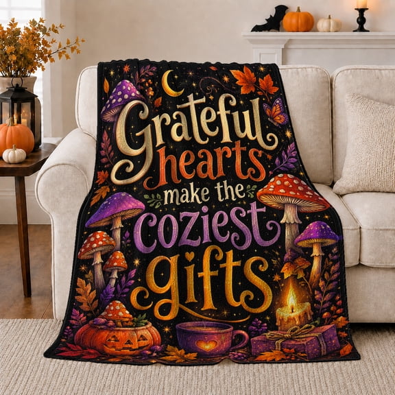 Autumn Gratitude Typography and Whimsical Maple Leaves, Warm Flannel Blanket for Living Room and Reading Nook, Art Lovers Autumn Celebration Gift, Artistic Home Decor