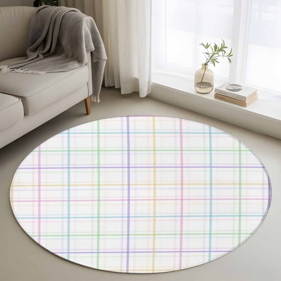 Round Rug 4Ft Washable Non-Slip, White Plaid Grid Circle Area Rugs for Living Room Bedroom, Colorful Line Modern Simple Geometric Indoor Floor Mats Carpet Runner for Home Decor Aesthetic