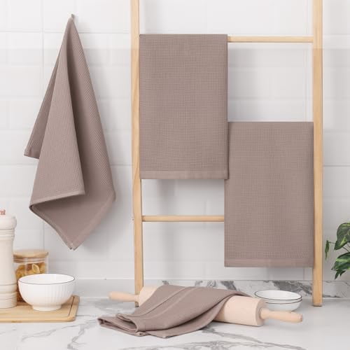 100% Cotton Waffle Weave Kitchen Towels - 4 Pack Soft and Absorbent Dish Towels - 16 x 26 Inches Quick Dry Hand Towels - Brown