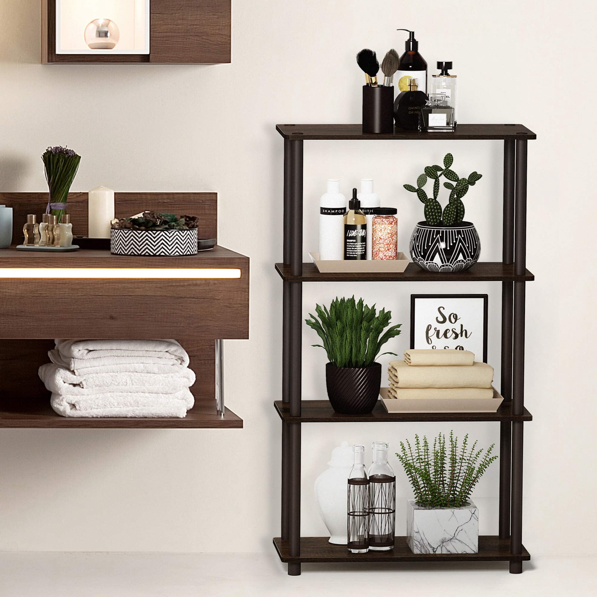 Furinno Multipurpose 23.6 W x 11.4 D x 43.25 H 4-Shelf Freestanding Shelves, Americano and Black