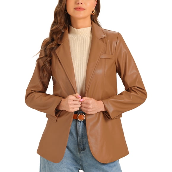 INSPIRE CHIC Faux Leather Blazer for Women's Lapel Collar PU Moto Biker Jackets Caramel L
